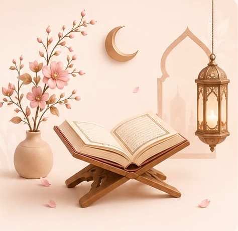 Coran ouvert sur un présentoir en bois, avec fleurs, croissant de lune et lanterne